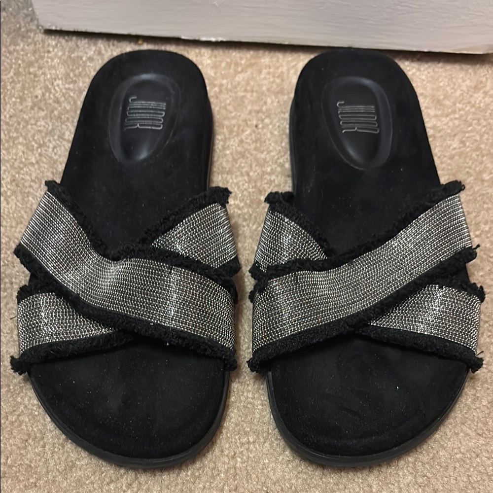 Black and Silver Cross-Strap Slide Sandals